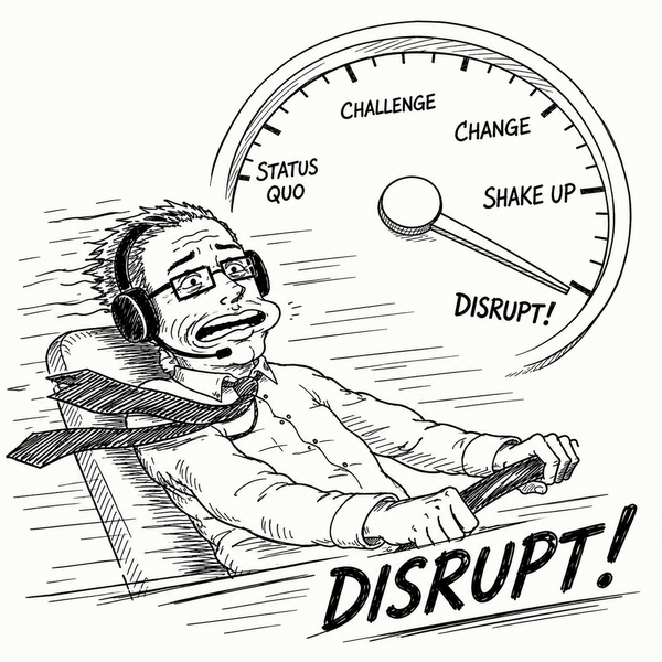 Hand-drawn illustration of Bill in headphones strapped to a runaway sled, hurtling past a speedometer dial that reads Status Quo, Challenge, Change, Shake Up, Disrupt!
