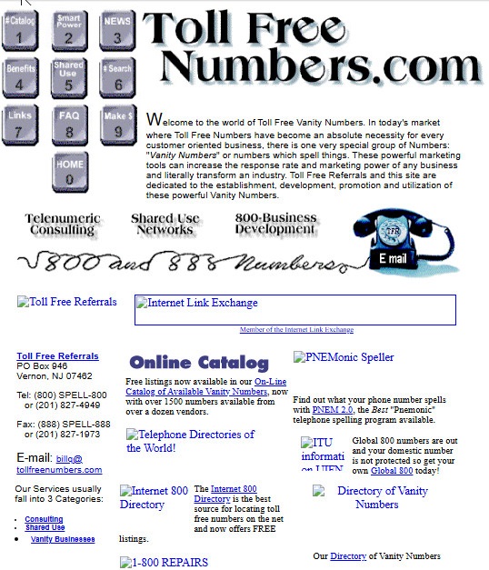 TollFreeNumbers.com homepage in 1996