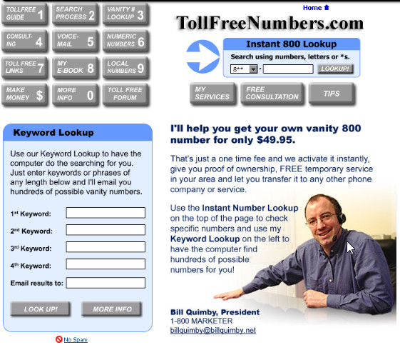 TollFreeNumbers.com homepage in 2006