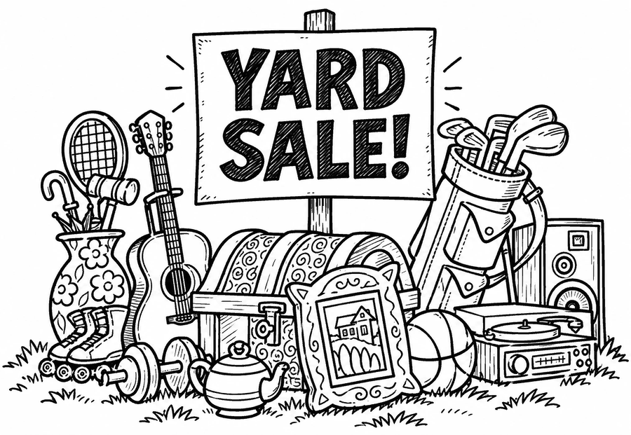 A hand-drawn YARD SALE! sign over a pile of used things: a guitar, golf clubs, a record player, a teapot, roller skates and more.