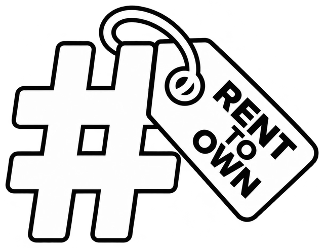 A hand-drawn number sign with a RENT TO OWN tag hanging from it.