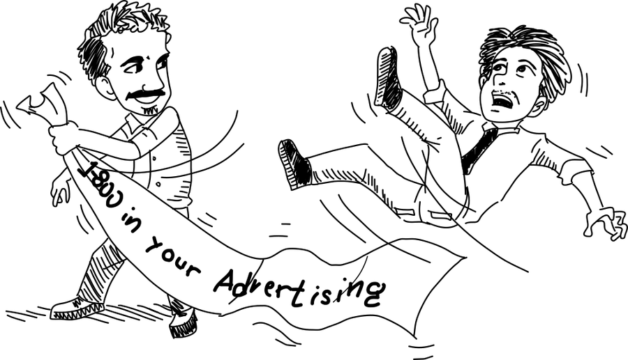 A hand-drawn man yanking a rug labeled "1-800 in your Advertising" out from under a falling businessman.