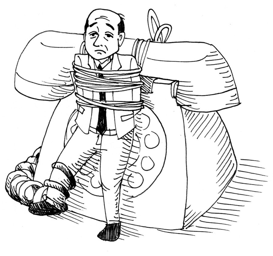 A hand-drawn businessman tied to a giant telephone by its cord.